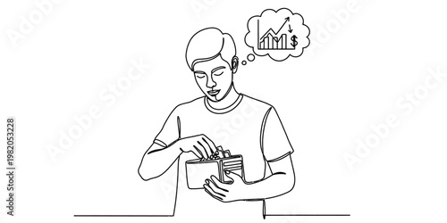 A young man checking his wallet while thinking about growing financial charts and money earnings