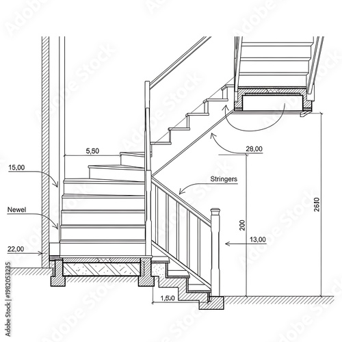 Detailed architectural drawing of a staircase with dimensions.