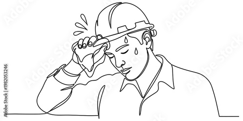 A single line drawing of an exhausted construction worker wiping sweat from his tired forehead