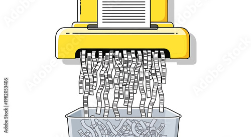 Illustration of a yellow paper shredder destroying a document into a bin