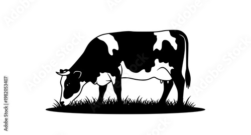 Black and White Cow Silhouette Vector Illustration on Grass
