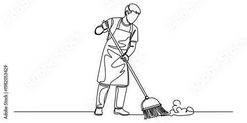 A continuous line drawing of a person wearing an apron while sweeping the floor with a broomstick.