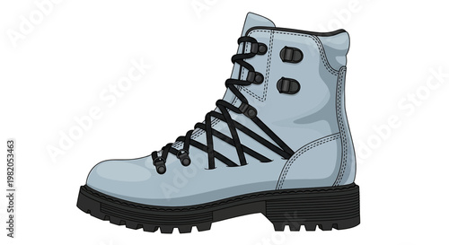 Vector illustration of a light blue hiking boot with black laces and a rugged sole