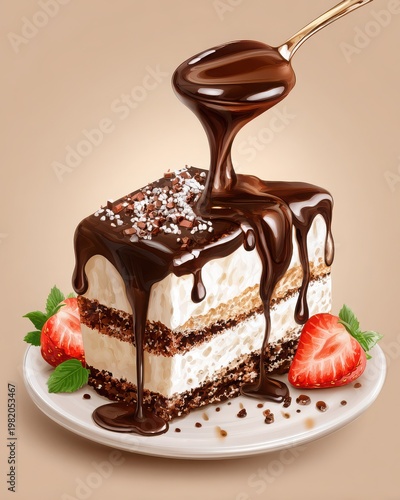 Chocolate Cake Drizzled with Syrup and Berries on White Plate