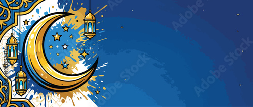 Ramadan Kareem Crescent Moon and Stars Islamic Greeting Card Design with Lanterns