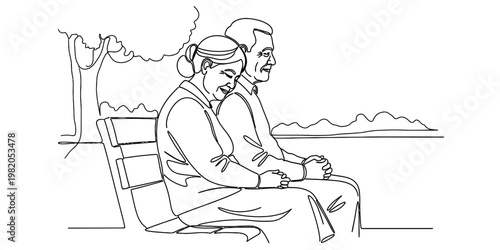 A serene line art drawing of an elderly couple sitting peacefully together on a park bench outside