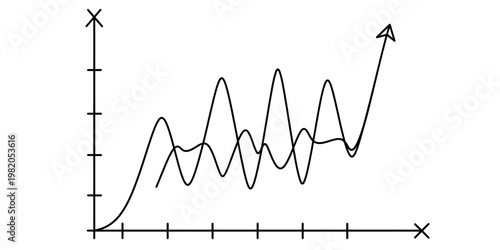 A black and white line graph illustration displaying two overlapping fluctuating data trends rise