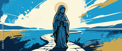 Religious Virgin Mary Silhouette with Prayerful Pose and Soft Halo for Spiritual Use