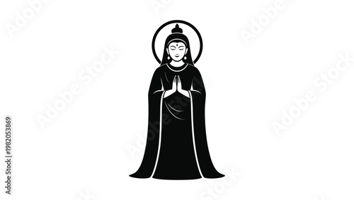 A black and white illustration of a religious figure.