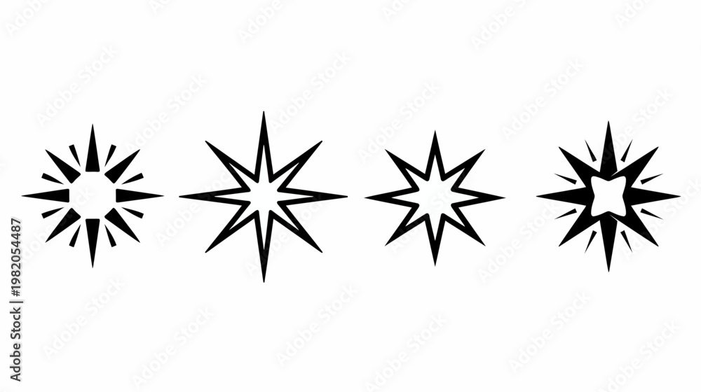 Fototapeta premium Four stylized star shapes of varying design sit side-by-side on a white background