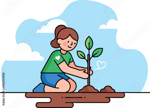 A cartoon illustration of a young person kneeling and planting a small tree sapling in the ground under a blue sky with clouds, symbolizing environmental care and growth.