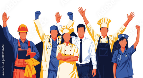 Perayaan Hari Buruh Internasional dengan berbagai profesi pekerjaan, ilustrasi vektor flat solidaritas pekerja May Day.