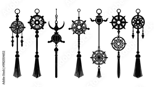 Collection of ornate dreamcatcher wall hangings.