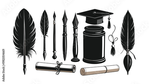 Education icons with graduation cap and quills.