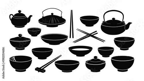 Collection of Asian tableware and utensils.