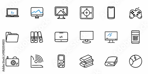 A set of modern technology and office icons in a minimal flat design style