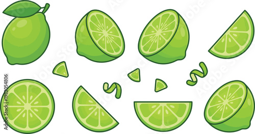 Fresh green lime fruit vector set, cartoon citrus slices and whole lime icons, organic tropical fruit elements for food and beverage design