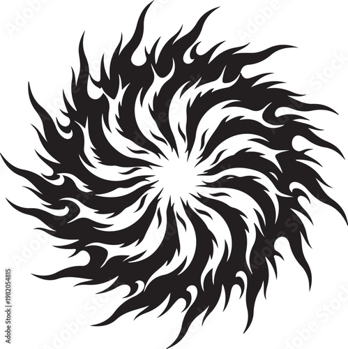 Black flame, fire spiral, swirl vector icon, abstract blazing vortex, burning design element