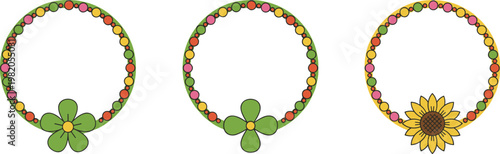 Colorful floral wreath designs, circular bead patterns, decorative motifs, sunflower and petal variations, modern digital illustration, creative ornamental art collection