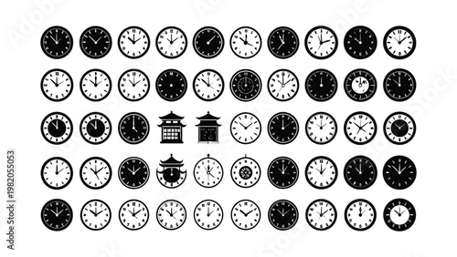 Collection of various clock faces and icons.