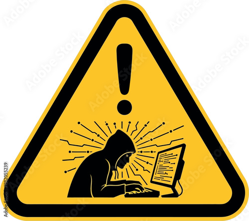 Cybersecurity Warning Vector: Hacker at Computer with Exclamation Mark Alert, Yellow Caution Triangle for Internet Security, Data Breach, Cyber Crime, Phishing, and Network Safety Awareness
