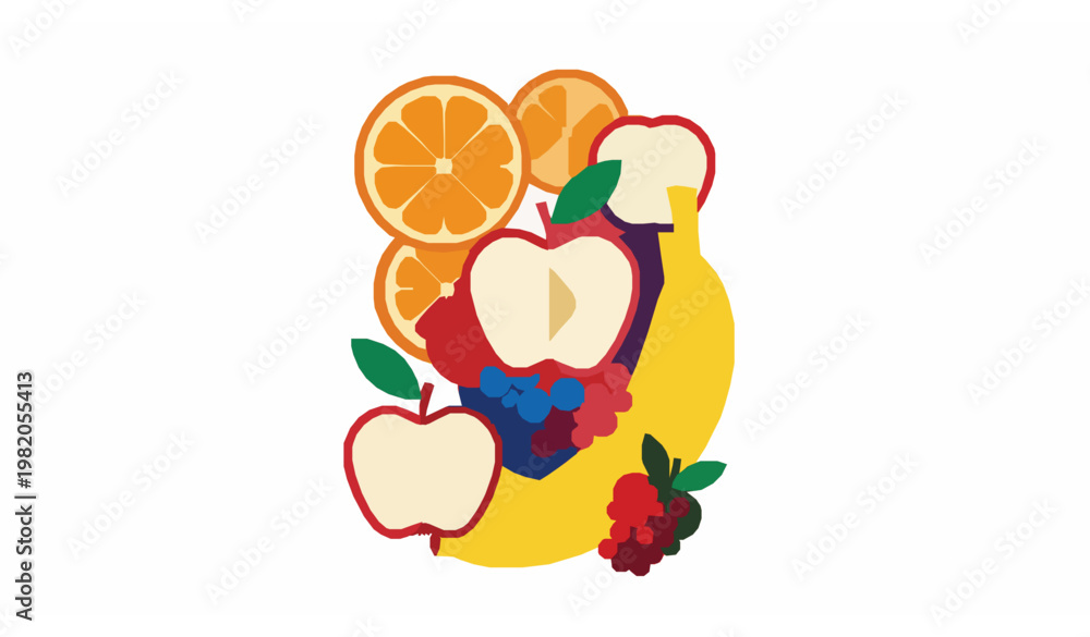 Fototapeta premium Bold abstract fruit poster with geometric apple banana orange and berries in contemporary vector design