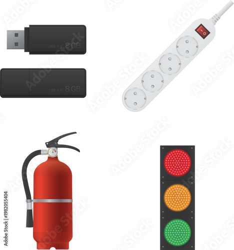 Set of Everyday Objects - Black 8GB USB Flash Drive, Power Strip Extension Cord, Red Fire Extinguisher, and Traffic Light Signal Vector Illustration