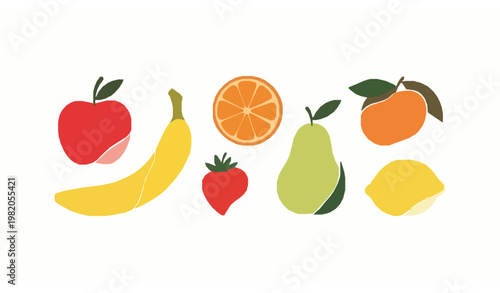 Modern abstract fruit vector set with apple banana orange strawberry pear and lemon in minimalist poster style