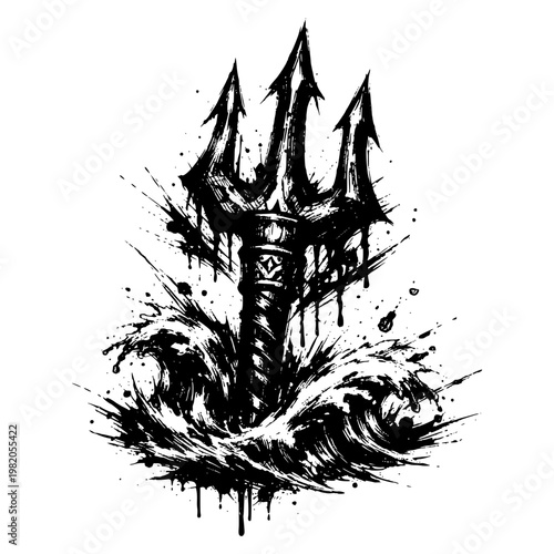 Ink Trident Symbol, Black ink trident emerging from turbulent splashes, with circular symbol at the center