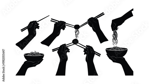 Black silhouette hands holding chopsticks and bowls.