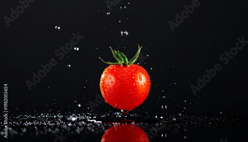 Single tomato suspended in air, surrounded by splashing water against a dark background with reflection