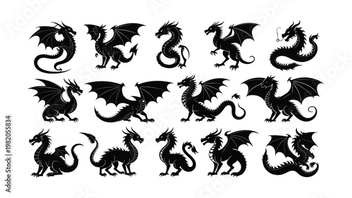 Collection of various dragon silhouettes.