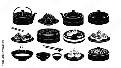 Black and white illustration of various dim sum dishes and utensils.
