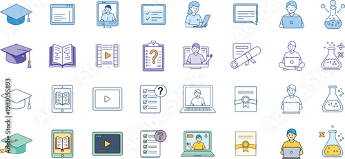 Education and eLearning Icon Pack with School, Online Course, Study and Science Symbols Flat Vector Set