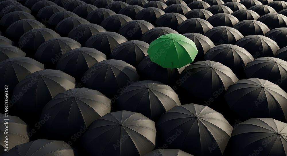 Obraz premium One Vibrant Green Umbrella Standing Out in a Sea of Black Umbrellas Concept
