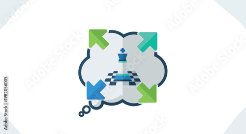 Strategic Business Planning Vector: Chess King on Board in Thought Bubble with Expansion Arrows, Conceptual Icon for Visionary Strategy, Growth Analysis, Market Positioning, and Decision Making
