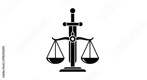 Konstfotografi Black silhouette of a sword and balance scale, symbolizing justice, law, and fairness on a white background