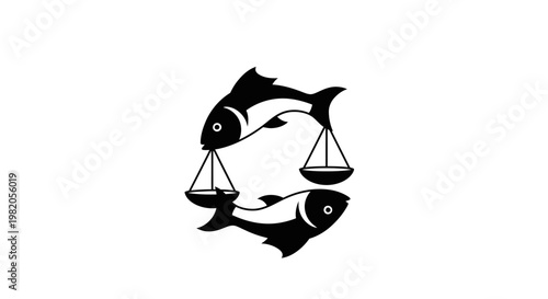 A black and white graphic illustration featuring two fish holding balance scales, arranged in a circular, symmetrical pattern on a white background, symbolizing duality and justice.