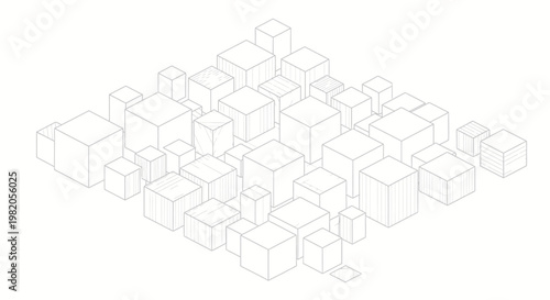 Isometric wireframe drawing of a grid of varying sized cubes creating an abstract geometric landscape or city block.