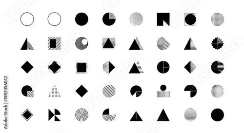 A grid of abstract geometric shapes including circles, squares, triangles, and diamonds, with varying fills and outlines in black, white, and gray tones.