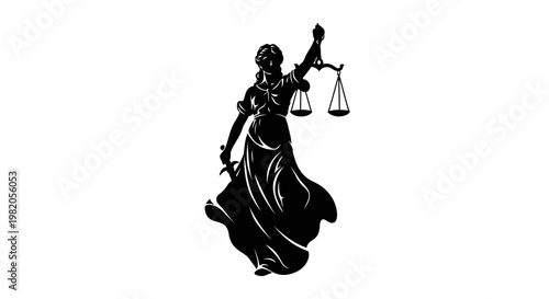 Elegant black silhouette of Lady Justice holding scales and a sword, symbolizing law and fairness.