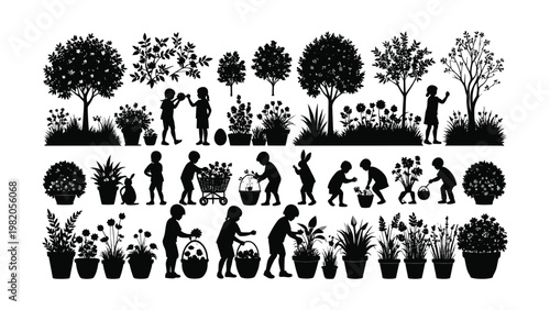 Black silhouettes of people gardening plants.