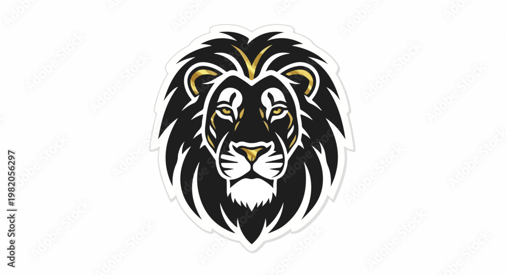 Fototapeta premium Stylized Lion Head Emblem with Black Mane and Gold Accents, Isolated on White Background, Powerful Symbol