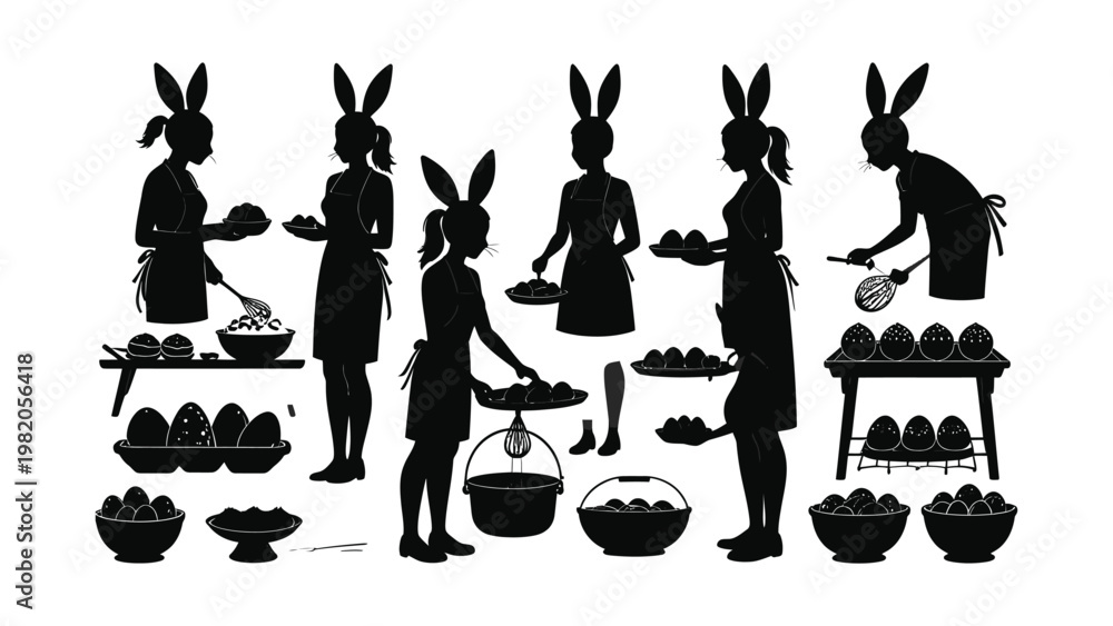 Obraz premium Vector illustration of people with rabbit ears preparing Easter eggs.
