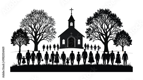 A group of people standing in front of a church.