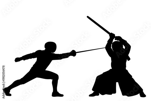 A black silhouette on a white background depicts a duel between a fencer and a Japanese kendo practitioner. This is a concept illustration of a Western versus Eastern martial arts fight