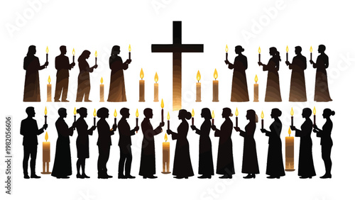Silhouettes of people holding candles around a cross.