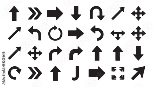 Collection of black arrow icons in various directions and styles with direction navigation interface collection circular backward previous