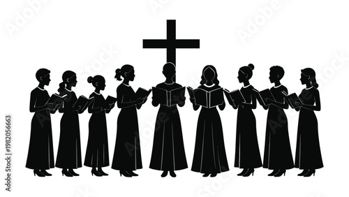 Silhouette of people praying with priest and cross.