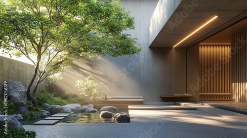A modern courtyard with a tree and concrete walls exudes a sense of calm, creating an atmospheric backdrop for the minimalist design.